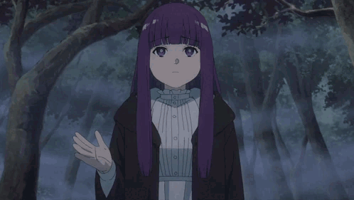 A Girl With Purple Hair Is Standing In A Dark Forest GIF