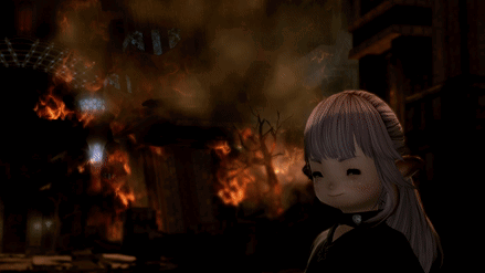 A Girl With Purple Hair Is Standing In Front Of A Fire GIF