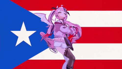 A Girl With Purple Hair Is Standing In Front Of A Flag GIF
