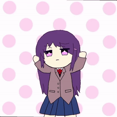 A Girl With Purple Hair Is Standing In Front Of A Polka Dot Background GIF