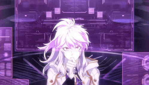 A Girl With Purple Hair Is Standing In Front Of A Screen GIF