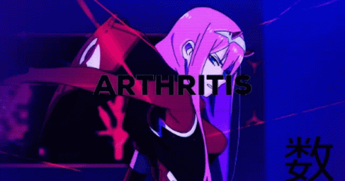 A Girl With Purple Hair Is Standing In Front Of A Sign That Says Arthritis GIF