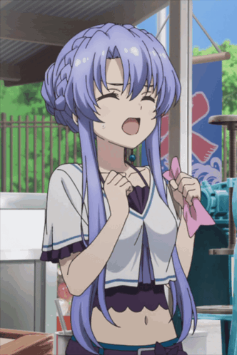 A Girl With Purple Hair Is Standing In Front Of A Sign That Says ' Ice ' GIF
