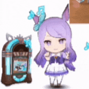 A Girl With Purple Hair Is Standing Next To A Jukebox GIF