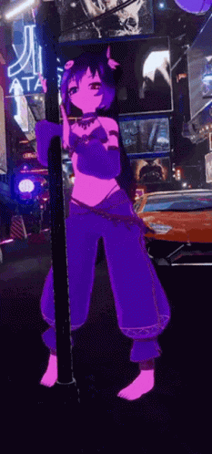 A Girl With Purple Hair Is Standing Next To A Pole In Front Of A Sign That Says Ata GIF