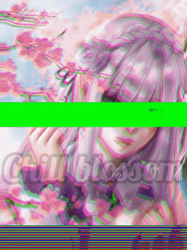 A Girl With Purple Hair Is Surrounded By Pink Flowers And The Words Cherry Blossom GIF