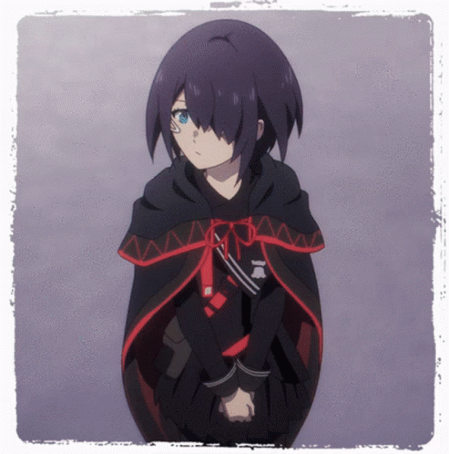 A Girl With Purple Hair Is Wearing A Black Cape With A Red Border GIF