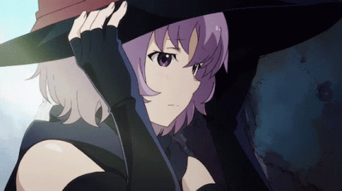 A Girl With Purple Hair Is Wearing A Black Hat GIF
