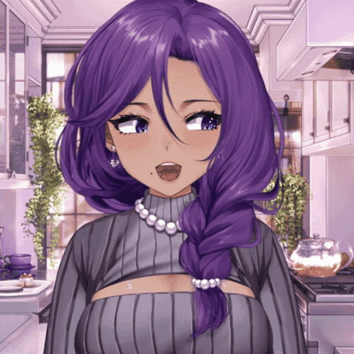 A Girl With Purple Hair Is Wearing A Grey Sweater GIF