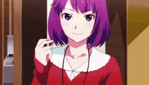 A Girl With Purple Hair Is Wearing A Red Sweater And Headphones . GIF
