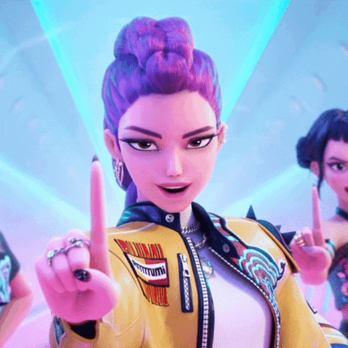 A Girl With Purple Hair Is Wearing A Yellow Jacket With A Patch On It That Says ' Rumm ' On It GIF
