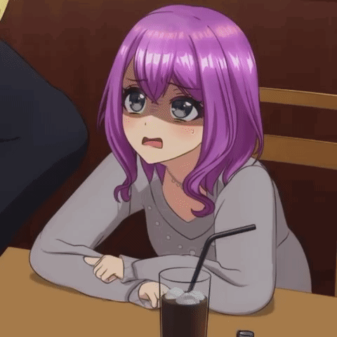 A Girl With Purple Hair Sitting At A Table With A Glass Of Soda GIF