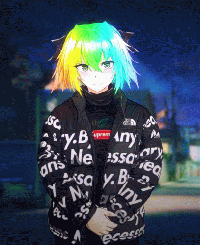 A Girl With Rainbow Hair And A Supreme Jacket GIF