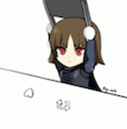 A Girl With Red Eyes Is Sitting At A Table Holding A Chair . GIF
