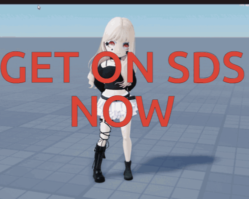 A Girl With Red Eyes Stands In Front Of A Sign That Says Get On Sds Now GIF