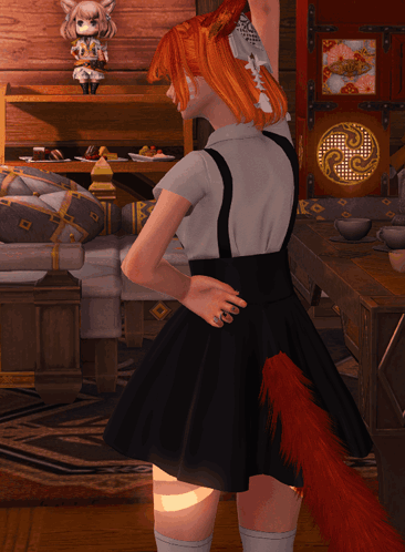 A Girl With Red Hair And A Black Skirt Is Standing In A Living Room GIF