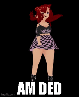 A Girl With Red Hair And A Checkered Skirt Is Standing In Front Of A Black Background With The Words Am Ded GIF