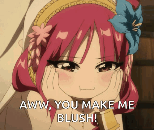 A Girl With Red Hair And A Flower In Her Hair Says " Aww You Make Me Blush " GIF