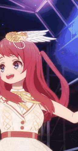 A Girl With Red Hair And A White Dress Has Wings On Her Head GIF