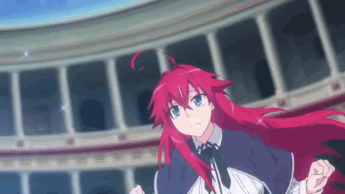 A Girl With Red Hair And Blue Eyes Is Running In Front Of A Building In An Anime . GIF