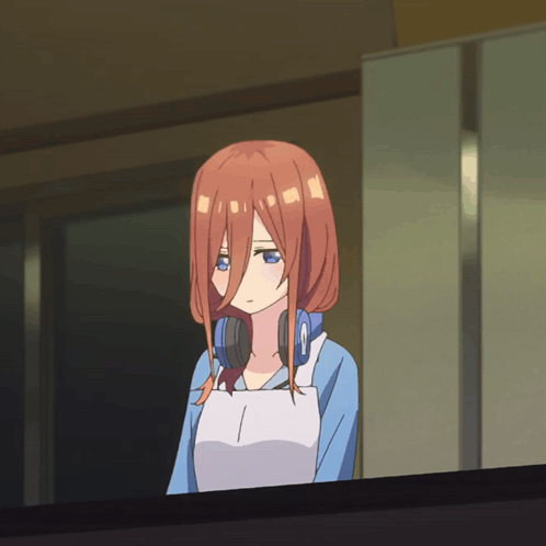 A Girl With Red Hair And Blue Eyes Is Wearing Headphones And A White Apron GIF