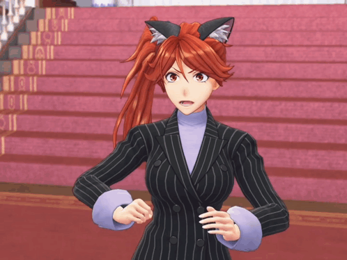 A Girl With Red Hair And Cat Ears Is Standing In Front Of A Set Of Stairs GIF