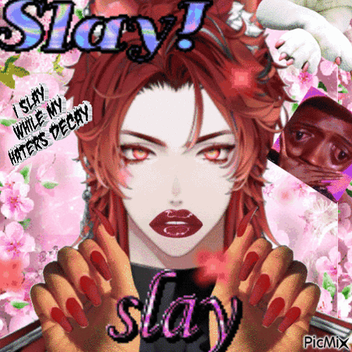 A Girl With Red Hair And Red Nails Is Holding A Sign That Says " Slay " GIF