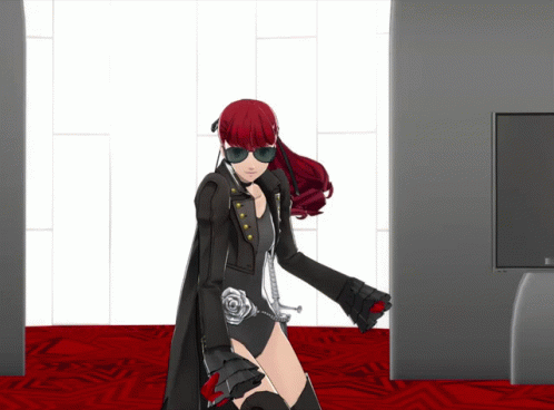 A Girl With Red Hair And Sunglasses Stands In A Room GIF