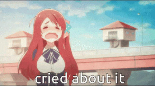 A Girl With Red Hair Is Crying With The Words Cried About It Behind Her GIF