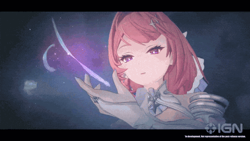 A Girl With Red Hair Is Holding A Purple Object In Her Hands With The Ign Logo Behind Her GIF
