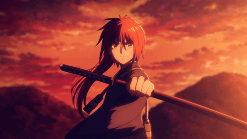 A Girl With Red Hair Is Holding A Sword GIF