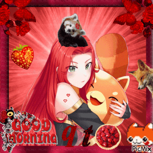 A Girl With Red Hair Is Hugging A Teddy Bear With A Red Panda On Her Head And The Words Good Morning At The Bottom GIF