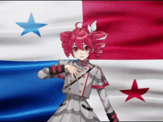 a girl with red hair is in front of a flag