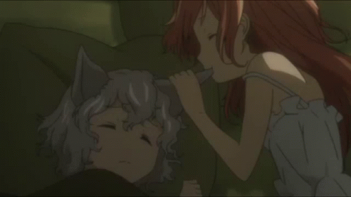 A Girl With Red Hair Is Looking At A Sleeping Girl With A Cat Ear GIF