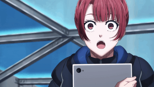 A Girl With Red Hair Is Looking At A Tablet GIF