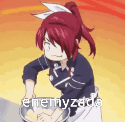 A Girl With Red Hair Is Mixing Something In A Bowl With The Words Enemyzada Written On The Bottom . GIF