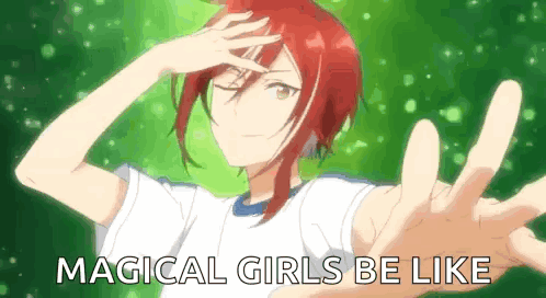 A Girl With Red Hair Is Reaching Out With The Words Magical Girls Be Like Behind Her GIF