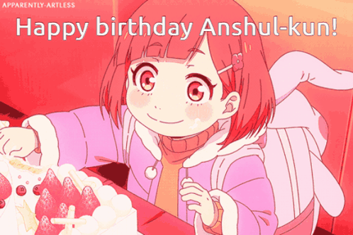 A Girl With Red Hair Is Sitting At A Table With A Cake And The Words Happy Birthday Anshul-Kunl On The Bottom GIF