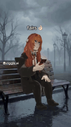 A Girl With Red Hair Is Sitting On A Park Bench With The Words Fairs Above Her GIF