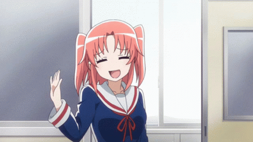 A Girl With Red Hair Is Smiling And Waving Her Hand In Front Of A Window GIF