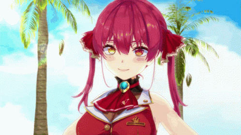 A Girl With Red Hair Is Standing In Front Of A Palm Tree And A Blue Sky GIF