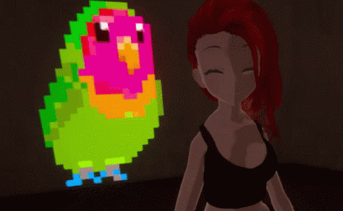 A Girl With Red Hair Is Standing In Front Of A Pixel Art Of A Bird GIF