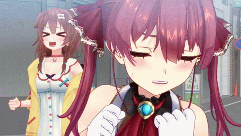 A Girl With Red Hair Is Standing Next To Another Girl In Front Of A Sign That Says 2 Mart GIF