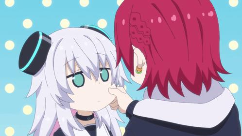 A Girl With Red Hair Is Touching A Girl With White Hair GIF