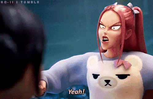 A Girl With Red Hair Is Wearing A Teddy Bear Sweater And Yelling Yeah GIF