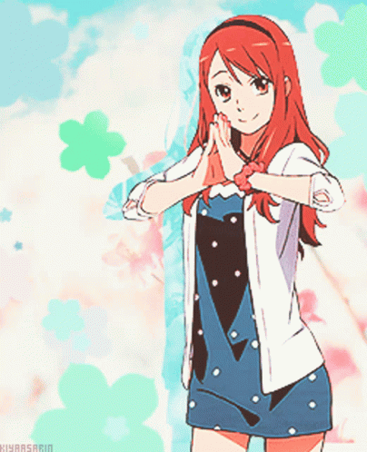 A Girl With Red Hair Is Wearing A White Jacket And Blue Dress GIF