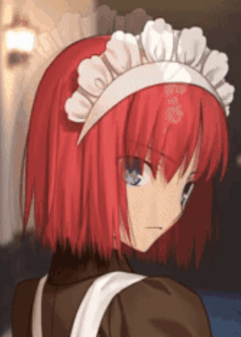A Girl With Red Hair Is Wearing A White Maid 'S Hat GIF