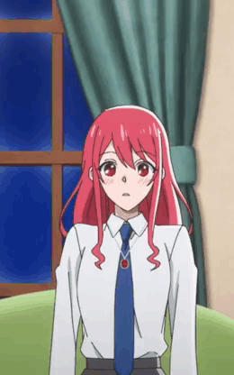 A Girl With Red Hair Is Wearing A White Shirt And Tie GIF