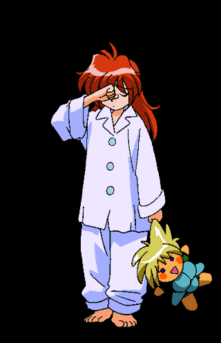 A Girl With Red Hair Is Wearing Pajamas And Yawning While Holding A Stuffed Animal GIF