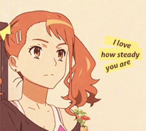 A Girl With Red Hair Says I Love How Steady You Are On A Yellow Sticker GIF